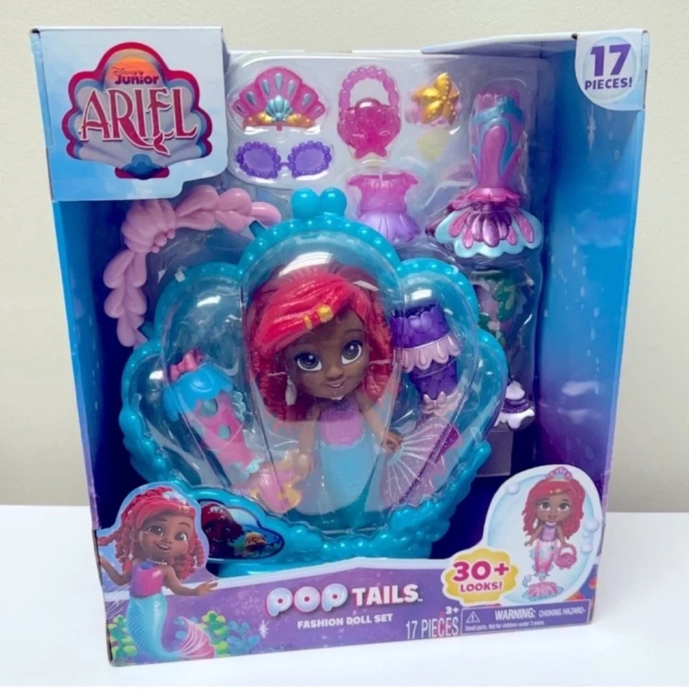 New Disney Junior ARIEL Pop Tails Fashion Doll Playset with Storage Case, 17 Pcs